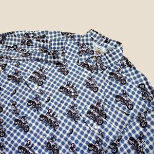 Barn Fly Motorcycle Pattern Plaid Western Pearl Snap Mens Medium Blue Novelty